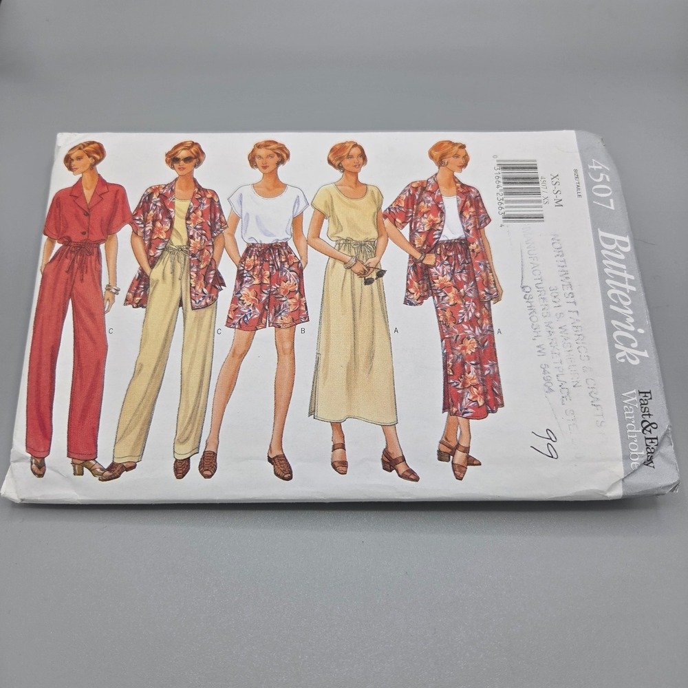 Butterick 4507 Sewing Pattern Wardrobe Shirt Skirt Shorts Pants Size XS S M 1996